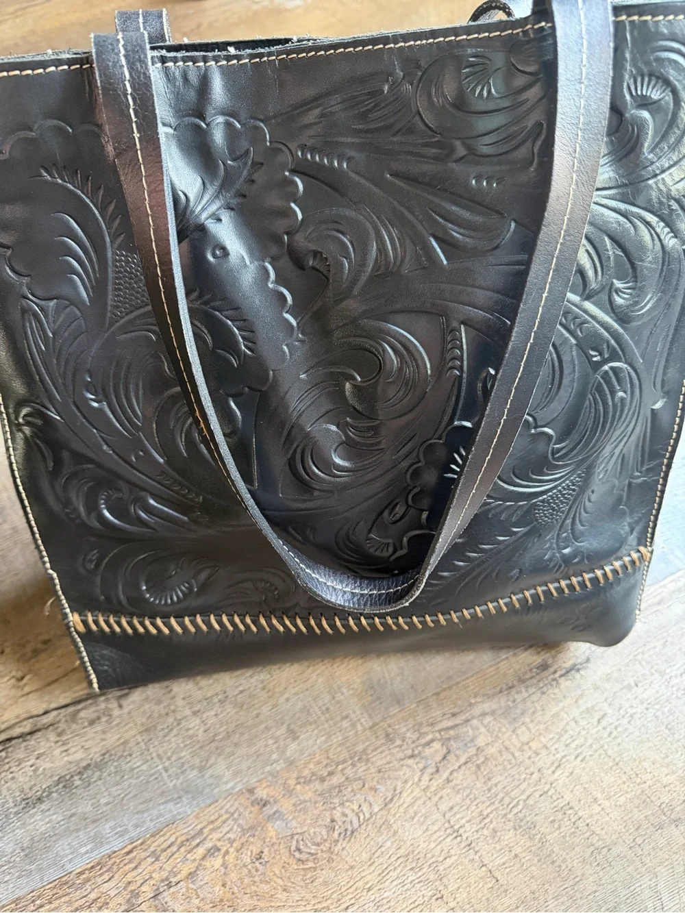 Patricia Nash Black Tooled Leather Floral Tote with Contrast Whipstitch